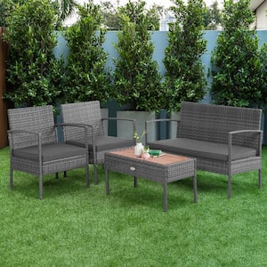 4-Pieces Wicker Patio Conversation Set Wooden Tabletop Sofa Chair with Gray Cushions
