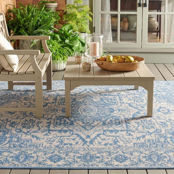 Martha Stewart 7 ft. x 9 ft. Cream/Blue Border Medallion Indoor/Outdoor Area Rug