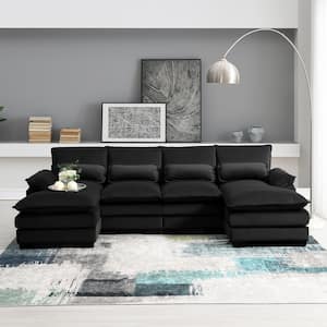 109.8 in. W Flared Arm Modern U Shaped Soft Velvet Sectional Sofa in Black with Waist Pillows
