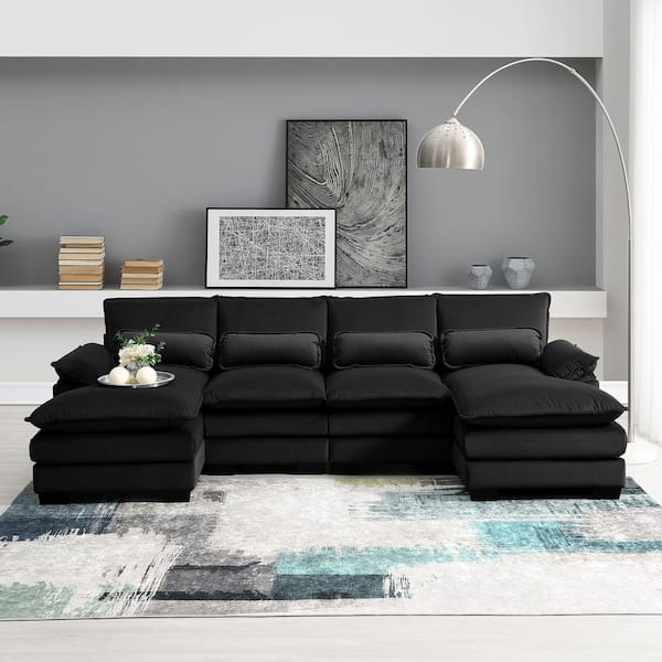 Harper & Bright Designs 109.8 in. W Flared Arm Modern U Shaped Soft Velvet Sectional Sofa in Black with Waist Pillows