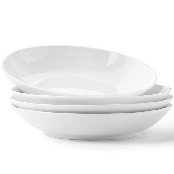 White Bone China Pasta Bowls Set of 4, 23.5 fl. oz. Salad Soup Bowls, 8 Inch Wide Shallow Dinner Plates