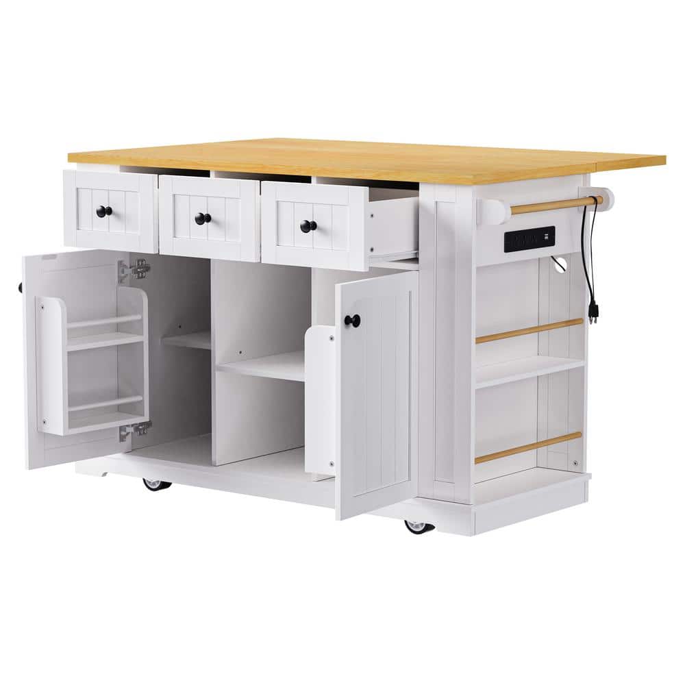 Xzkai White Wood 53 in. Kitchen Island with 5 Wheels, Drop Leaf
