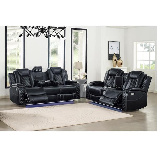 New Classic Furniture Orion II 2-Piece Black Faux Leather Living Room Set with Power Footrest and Headrest