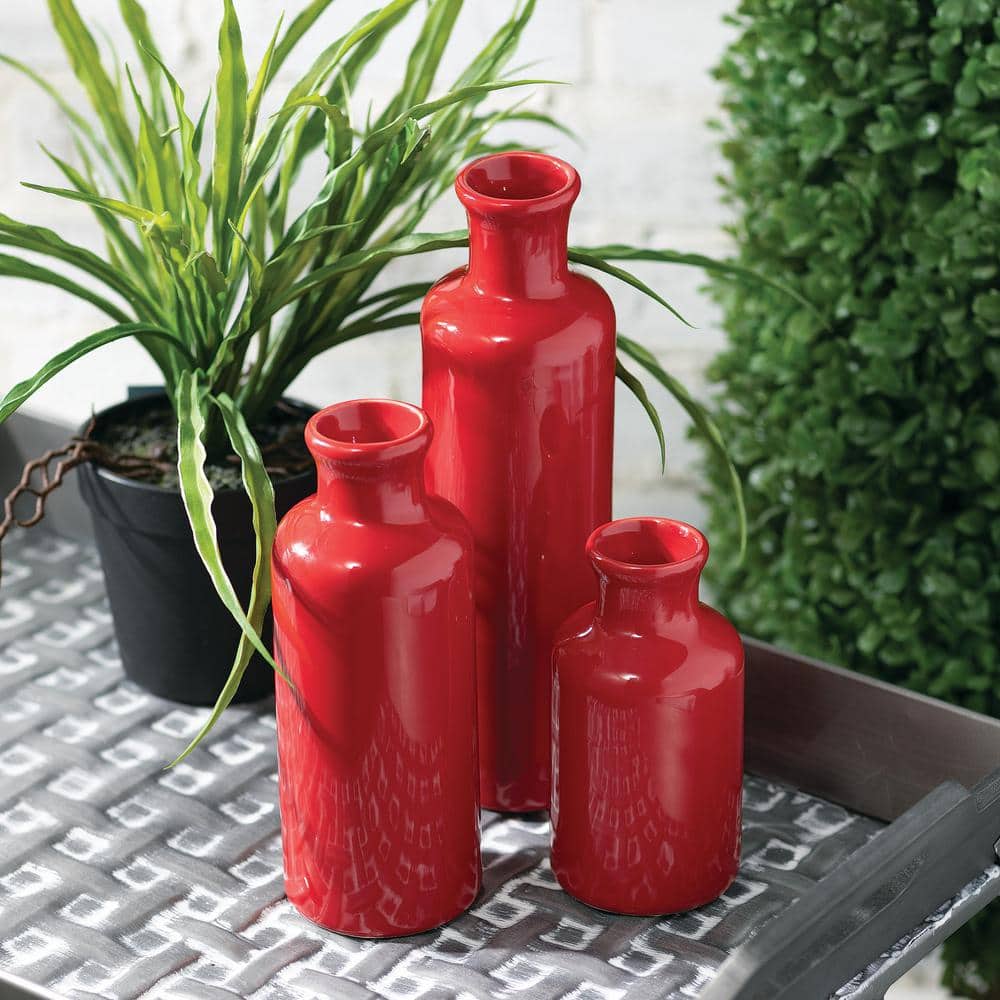 Red Ceramic Bottle Vase Set in Three Sizes