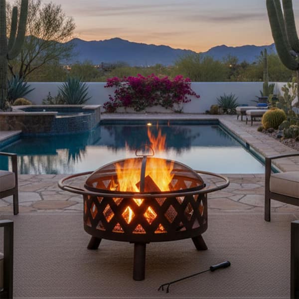 Sunnydaze Cross Weave 30 in. x 20 in. Round Bronze Wood Burning