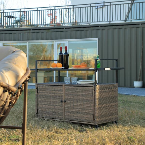 Cesicia Outdoor Wicker Brown 51.18 in.W Rolling Bar Cart Wine Serving Cart with Glass Top