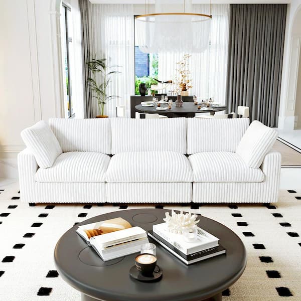 118in. Square Arm Soft Faux Rabbit Fur Velvet Oversized 3-Piece Modern Comfy Cloud Modular Sectional Sofa Couch in Beige