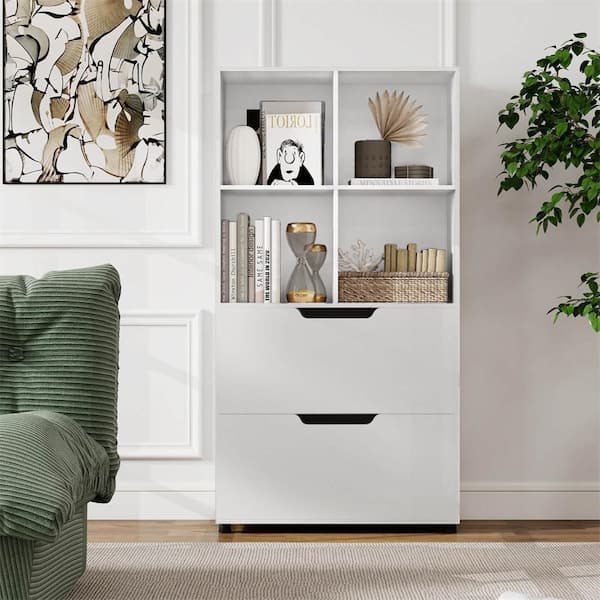 51 in. Tall White Engineered Wood 5-Shelf 4-Cube Engineered Wood Standard Bookcase with 2 Drawers