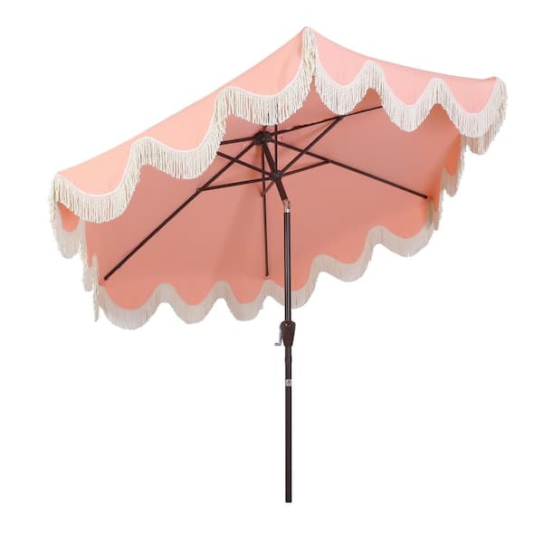 coral colored patio umbrella JONATHAN Y Collins 9 ft. Tassel Market Patio Umbrella with Auto-Tilt,  Crank, Wind Vent and UV Protection in Coral Pink/Cream UMB1001F