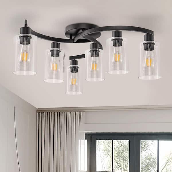 6-Light 20.5 in. Black Industrial Semi-Flush Mount Ceiling Light with Clear Glass Shades for Hallway or Entryway