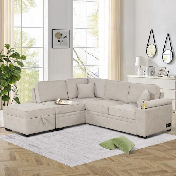 87.4 in. Beige Linen Upholstered L-Shaped Sleeper Sofa Bed with Twin Size Pull-out Bed and Storage Ottoman
