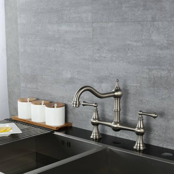 Brass 8 in. Double Handle Bridge Kitchen Faucet with 2-Aerators, Brass Valve and Supply Lines in Brushed Nickel