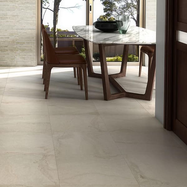 Dominion Linen Beige 3.14 in. x 23.62 in. Matte Limestone Look Porcelain Bullnose Wall Tile Trim