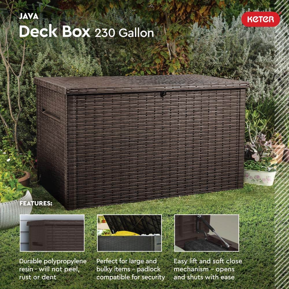 Java 230Gal Oversized Wicker-Resin Deck Box with Lockable Lid - Brown