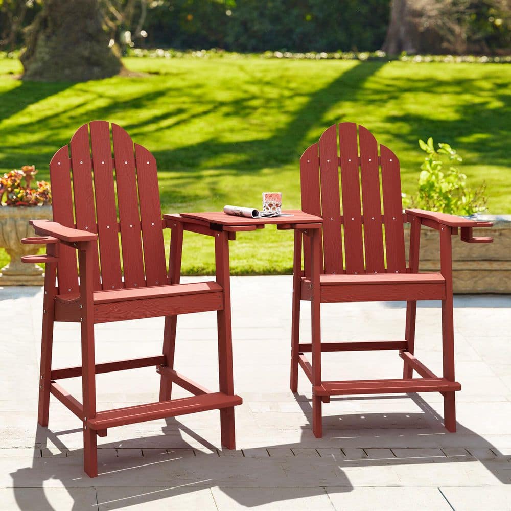 LUE BONA Red Bar Height Adirondack Chairs Outdoor Bar Height Table and Chair Set for Balcony