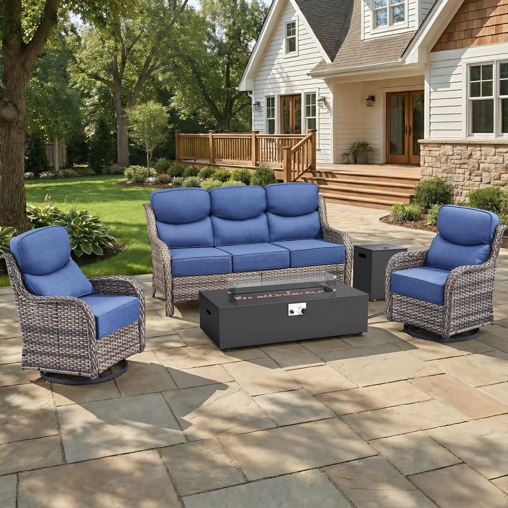 MoonLuxe Gray Wicker Fire Pit Conversation Set with Blue Olefin 6 in. Thick Cushions Patio Swivel Chairs (5-Piece) price history on PriceWatchPro