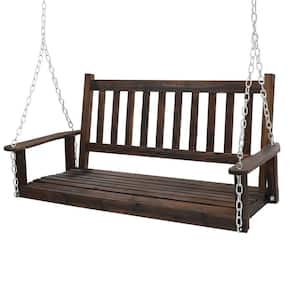 4 ft. Carbonized Outdoor Wooden Patio Porch Swing with Chains and Curved Bench