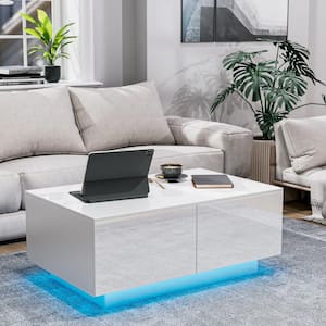 37 in. White LED Rectangle MDF Top Coffee Table with Storage