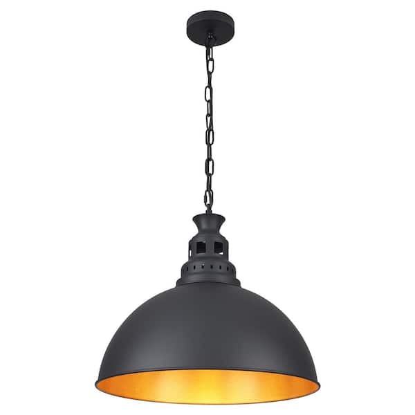 1-Light Black Dome Hanging Pendant Light Chandelier Lighting with Metal Cover for Kitchen Island