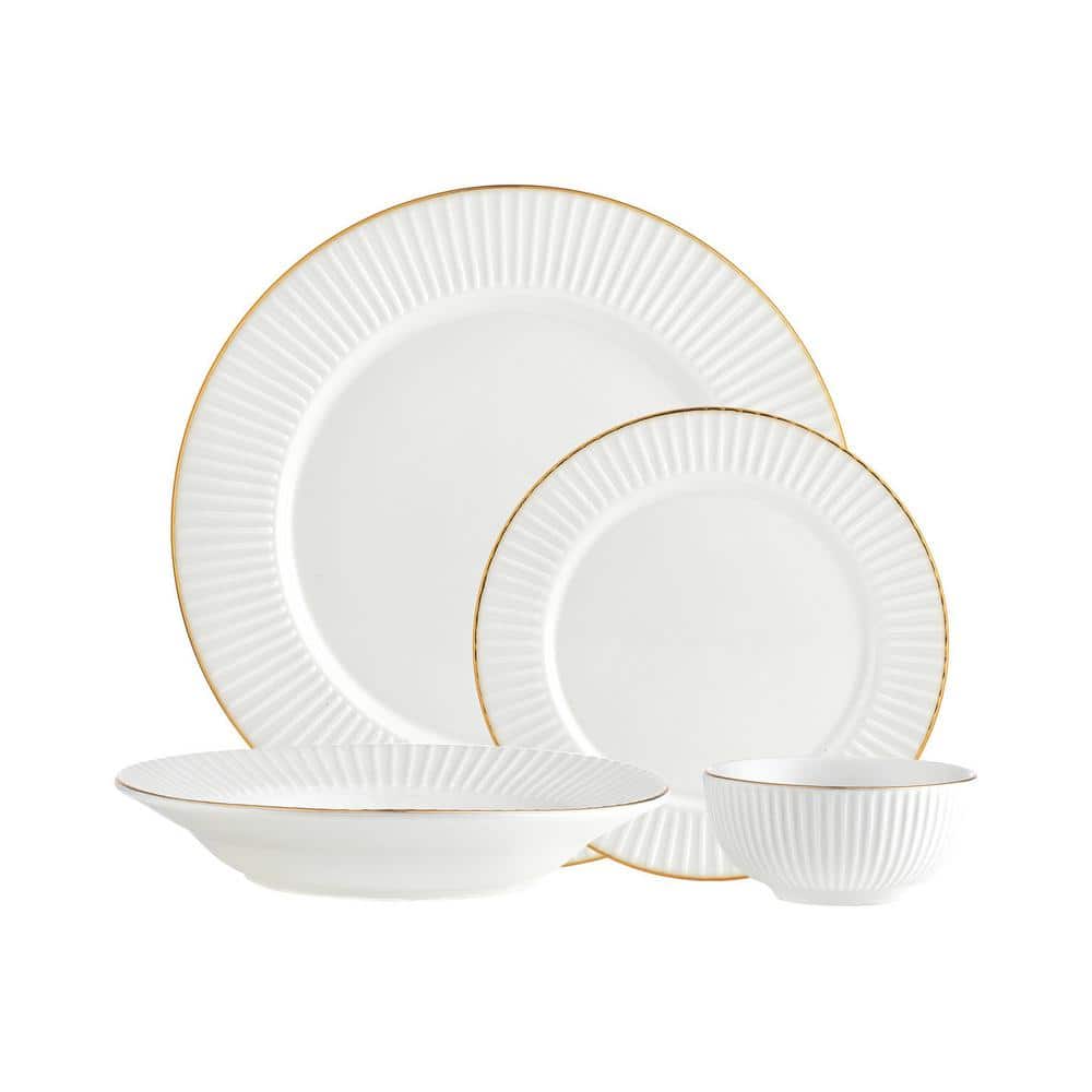 Elegant White Porcelain Dinnerware Set with Gold Rim, Service for 4