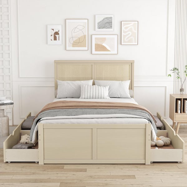 Qualler Antique Nature Brown Wood Frame Full Size Platform Bed with 4 Storage Drawers and Rattan Headboard