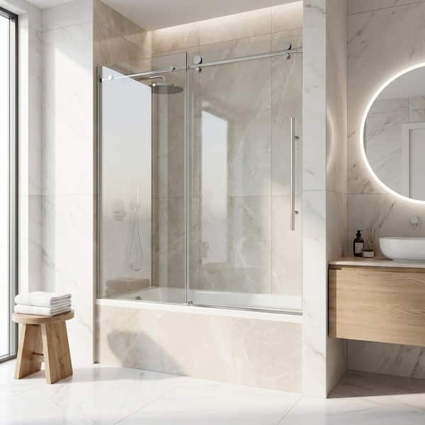 Elan E-Class 56 to 60 in. W x 66 in. H Sliding Frameless Tub Door in Stainless Steel with 3/8 in. (10mm) Clear Glass