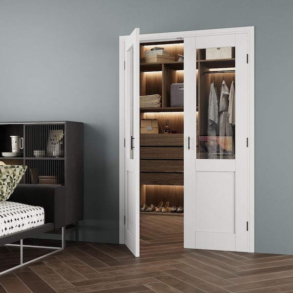 48 in. x 80 in. 1/2-Lite Clear Glass Universal White Solid Core Glass Double Prehung French Door + Quick Jamb&Ball Catch