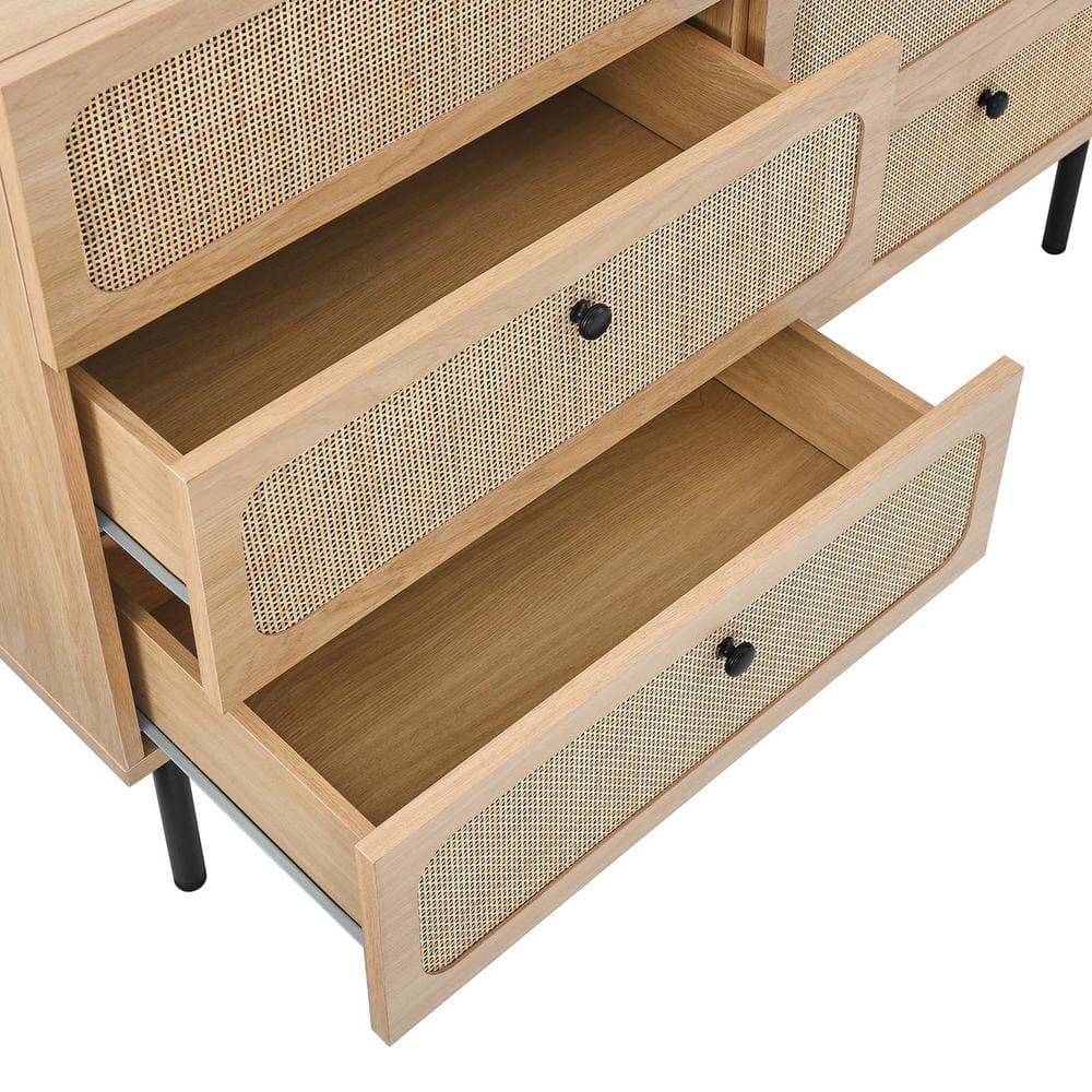 Chaucer Oak and Rattan 6-Drawer Compact Dresser with Adjustable Feet