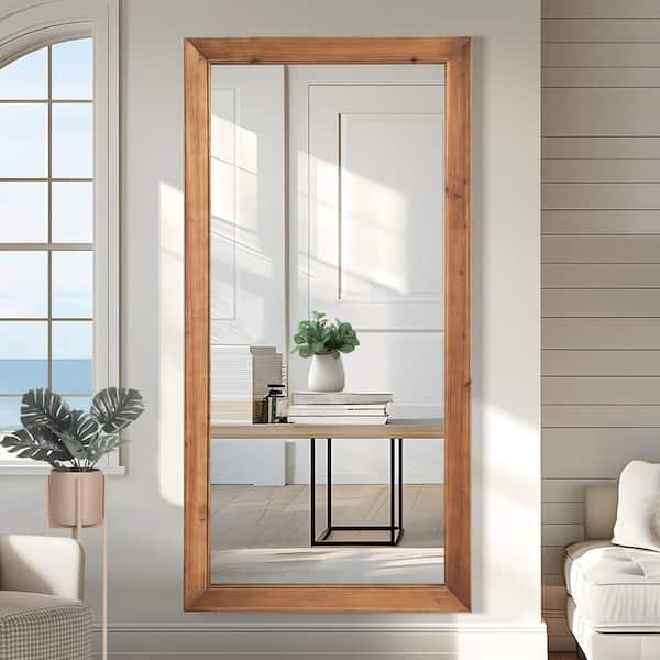Wooakway 31 in. W x 71 in. H Solid Wood Full Length Mirror Accent Wall Mirror Rustic Freestand Mirror with Bracket Brown