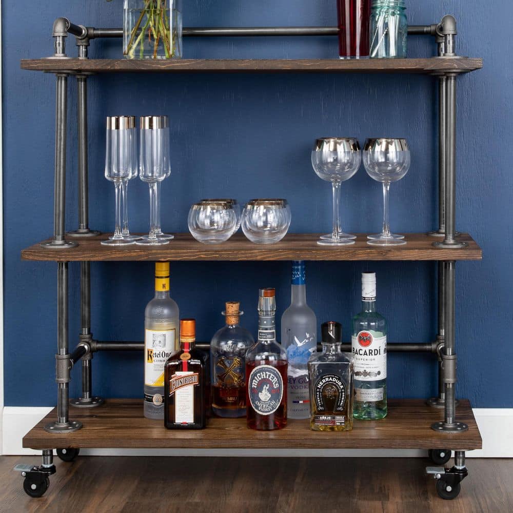 Trail Brown Industrial Wood and Steel 3-Tier Bar Cart with Wheels