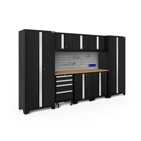 NewAge Products Bold Series 132 in. W x 76.75 in. H x 18 in. D 24-Gauge Steel Garage Cabinet Set in Black (9-Piece)