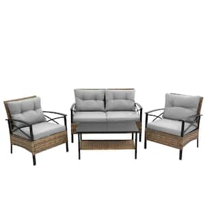 4-Piece Brown PE Rattan Wicker Steel Frame Patio Conversation Set with Gray Cushions and Coffee Table