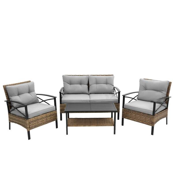 HOMEFUN 4-Piece Brown PE Rattan Wicker Steel Frame Patio Conversation ...