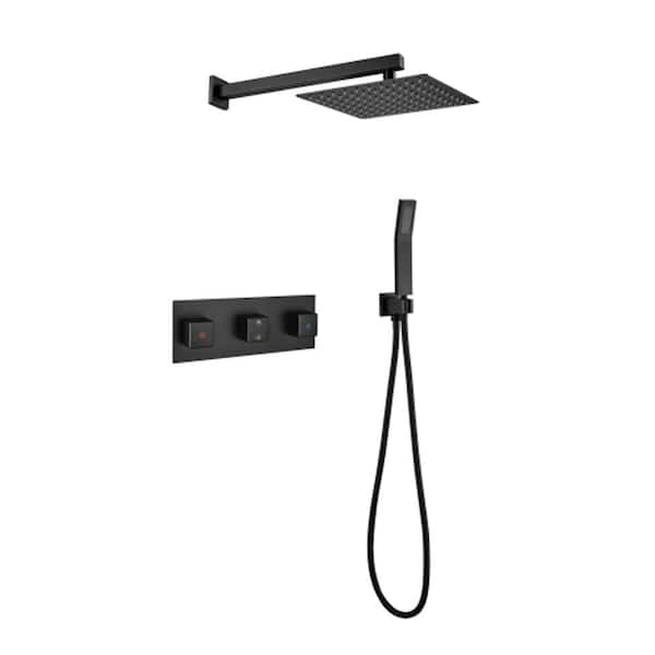 Lukvuzo 10 in. 2-spray Dual 2.5 GPM Drip Free Shower System Set with Square Head Shower and Handheld Shower in Matte Black