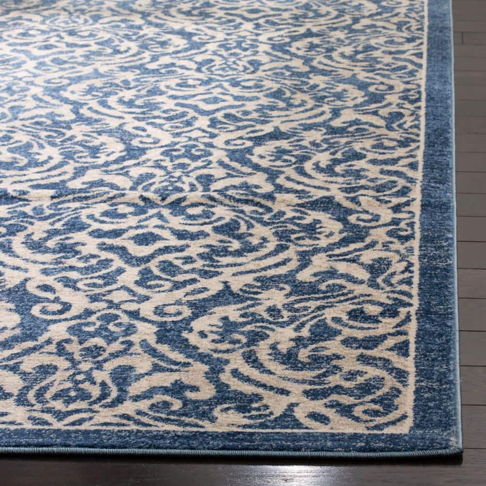 Navy and Cream Damask 4' x 6' Synthetic Area Rug