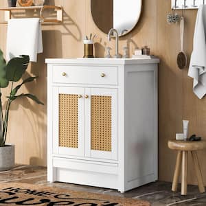 24 in. W x 18 in. D x 34 in . H Wooden Frame Bath Vanity in White with White Resin Top Sink and Pull-out Footrest