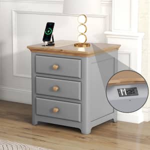 Gray 3-Drawer Solid Wood Nightstand with USB Charging Ports 20.1 in. W x 17 in. D x 22 in. H