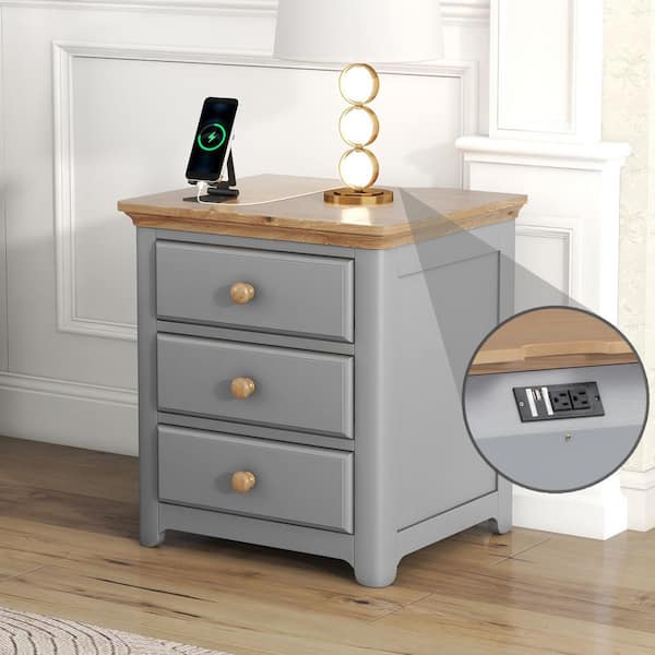 Harper & Bright Designs Gray 3-Drawer Solid Wood Nightstand with USB Charging Ports 20.1 in. W x 17 in. D x 22 in. H