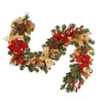 6 ft. Decorative Garland with Ornaments, Berries, Cones Red Ribbon, Poinsettias and 20 LED Lights
