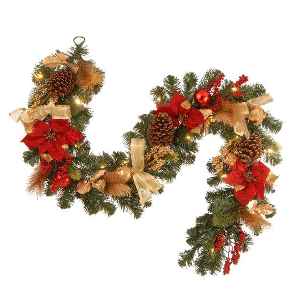 National Tree Company 6 ft. Decorative Garland with Ornaments, Berries, Cones Red Ribbon, Poinsettias and 20 LED Lights