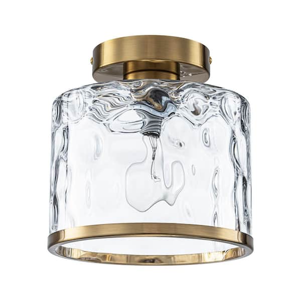 1-Light Modern Gold Semi Flush Mount Ceiling Light Fixture with Clear Hammered Glass Lampshade for Hallway Bedroom Foyer