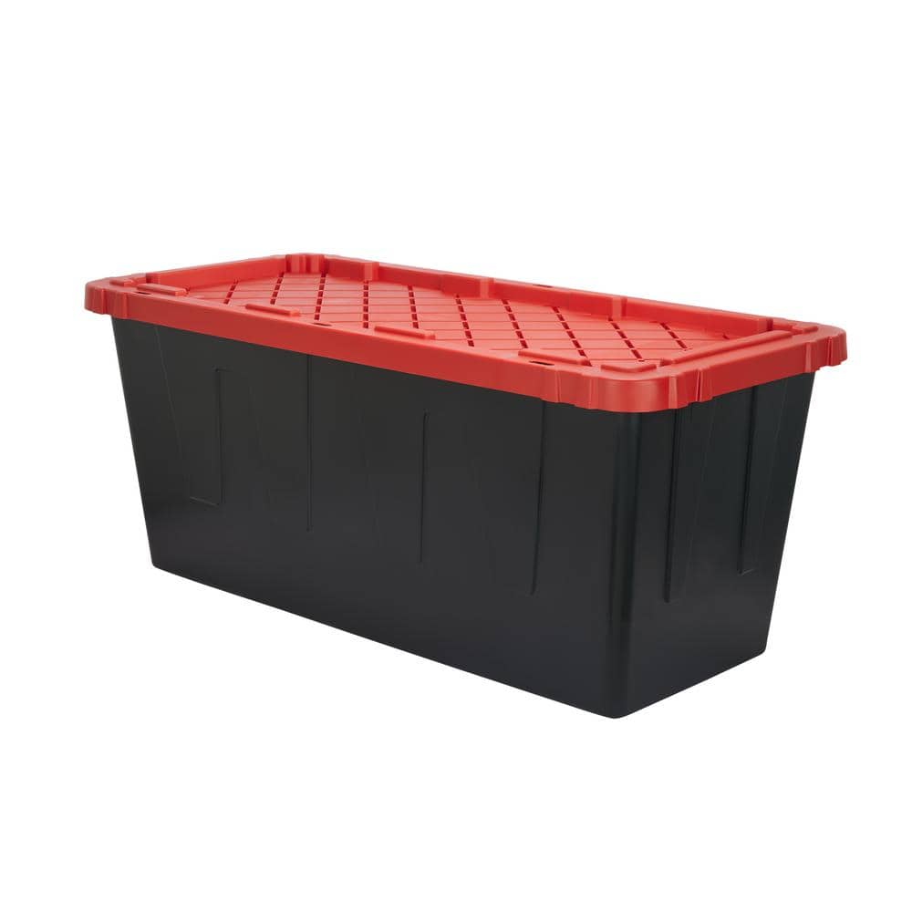 HDX 55 Gal. Tough Storage Tote in Black with Red Lid 206227 - The Home Depot