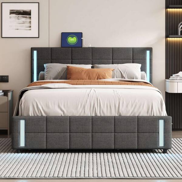 King Bed Frame with 4 Storage Drawers, Platform Bed with Charged