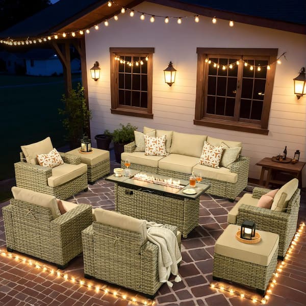 OVIOS Tiberte Gray 10-Piece Wicker Patio Rectangle Fire Pit Conversation Set with Beige Cushions