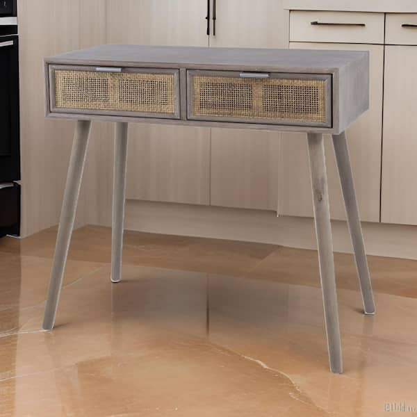 Benjara 31.5 in. Brown Rectangle Wooden Console Table with 2-Drawers and Woven Rattan