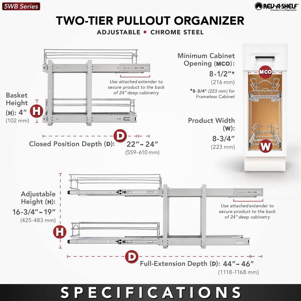 Chrome 2-Tier Wire Basket Pull Out Shelf for Kitchen Cabinets