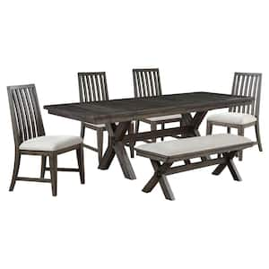 Riverdale 6-Piece Black Wood Dining Room Set with 4 White Cushioned Chairs and Bench