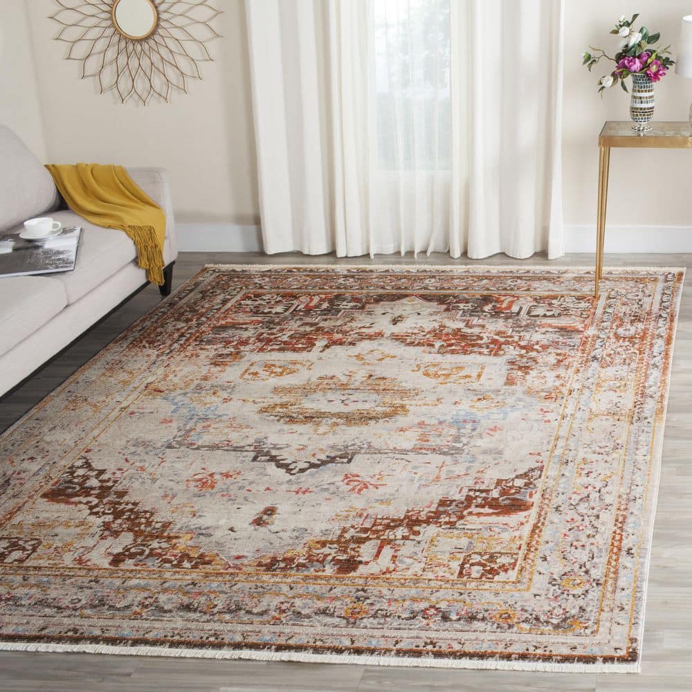Elegant Cream and Multicolor 5' Square Synthetic Area Rug