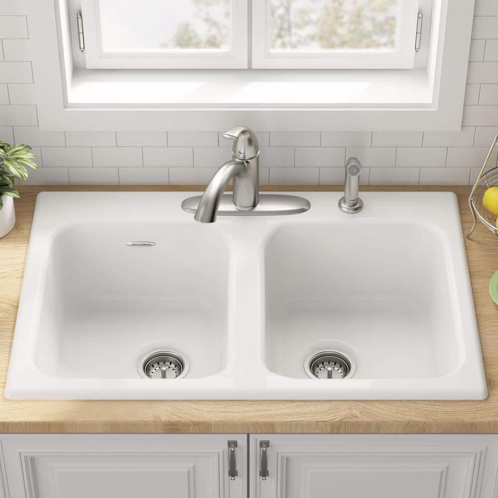 Quince 33'' White Cast Iron Double Bowl Drop-In Kitchen Sink