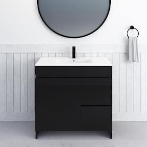 Mace 40 in. W x 18 in. D x 34 in. H Bath Vanity in Glossy Black with White Ceramic Top and Right-Side Drawers
